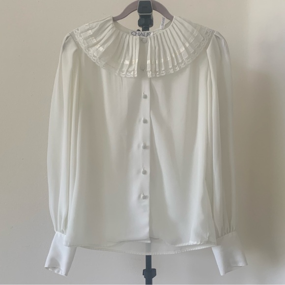 Chaus Tops - Vintage Chaus White Pleated Collar Button-Front Blouse Size 8